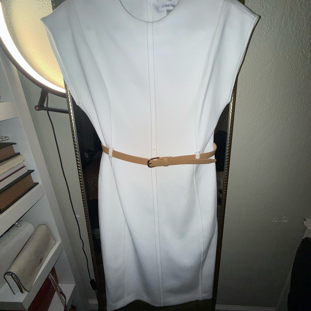 Calvin Klein White Sheath Dress with Mandarin Collar
